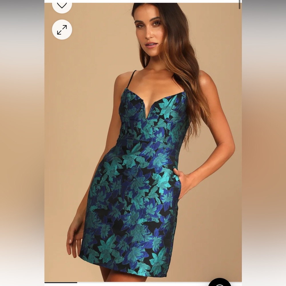 NWT Lulu’s Ready for Festivities Blue Multi Floral Jacquard Mini Dress Size Med - Picture 2 of 13